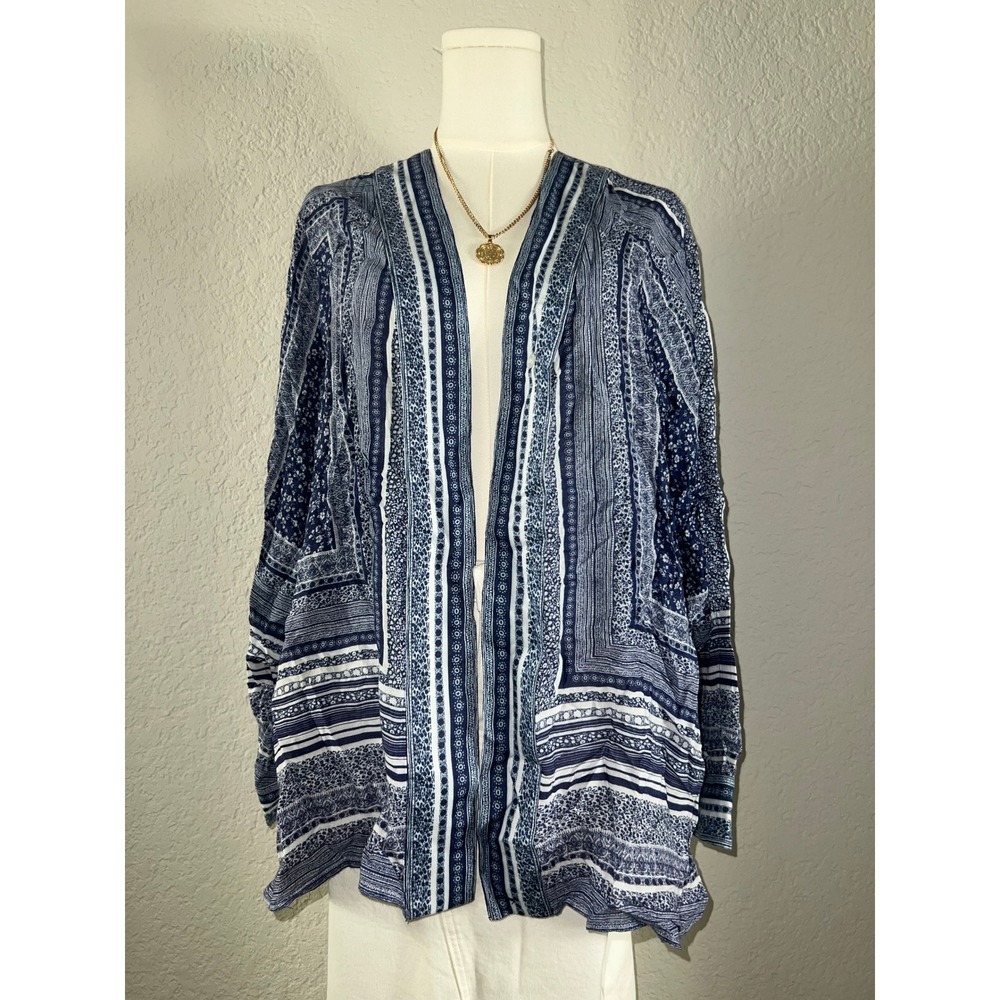 Smyth Indigo Blue Mixed Tile Paisley Print Open Front Kimono Cardigan Jacket
